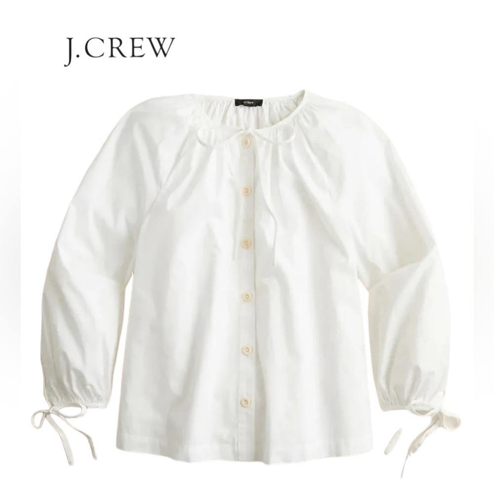 J.Crew EUC Tie Sleeve Button Front Cotton Poplin Top White 2x